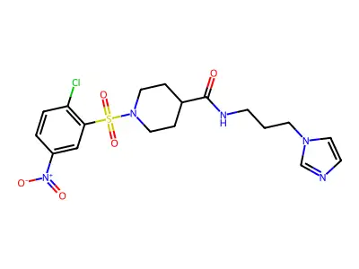 1-(2-chloro-5-nitrophenyl)sulfonyl-N-(3-imidazol-1-ylpropyl)piperidine-4-carboxamide structure