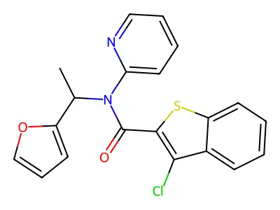3-chloro-N-[1-(2-furyl)ethyl]-N-(2-pyridinyl)-1-benzothiophene-2-carboxamide structure