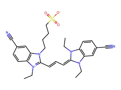 4-[6-cyano-2-[3-(5-cyano-1,3-diethylbenzimidazol-2-ylidene)prop-1-enyl]-3-ethylbenzimidazol-3-ium-1-yl]butane-1-sulfonate structure