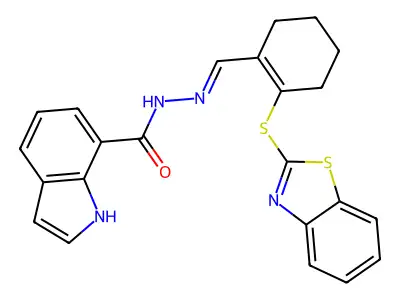N-[(2-benzothiazol-2-ylsulfanyl-1-cyclohexenyl)methylideneamino]-1H-indole-7-carboxamide structure