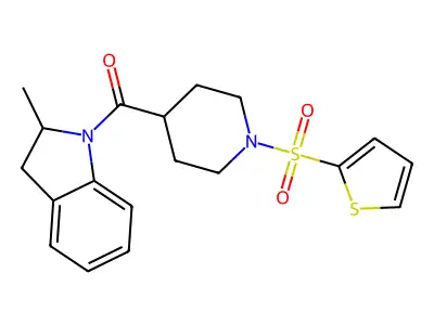 2-methyl-1-[1-(thiophene-2-sulfonyl)piperidine-4-carbonyl]-2,3-dihydro-1H-indole structure