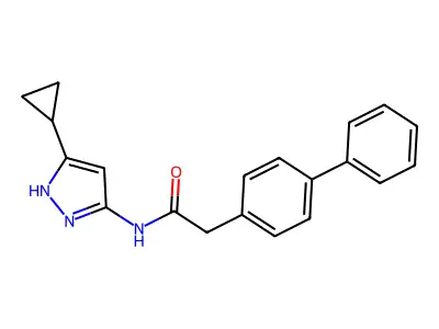 N-(5-cyclopropyl-1H-pyrazol-3-yl)-2-(4-phenylphenyl)acetamide structure