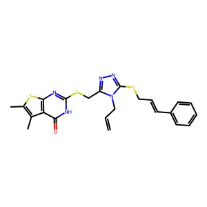 (E)-2-(((4-allyl-5-(cinnamylthio)-4H-1,2,4-triazol-3-yl)methyl)thio)-5,6-dimethylthieno[2,3-d]pyrimidin-4(3H)-one structure
