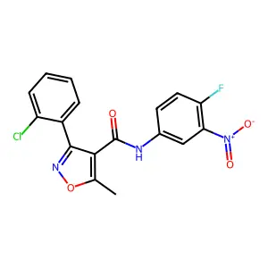 3-(2-chlorophenyl)-N-(4-fluoro-3-nitrophenyl)-5-methyl-1,2-oxazole-4-carboxamide structure