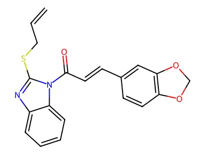 (E)-1-(2-(allylthio)-1H-benzo[d]imidazol-1-yl)-3-(benzo[d][1,3]dioxol-5-yl)prop-2-en-1-one structure