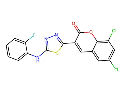 6,8-Dichloro-3-[5-(2-fluoro-phenylamino)-[1,3,4]thiadiazol-2-yl]-chromen-2-one structure