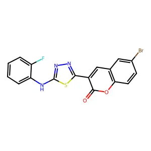 6-bromo-3-(5-((2-fluorophenyl)amino)-1,3,4-thiadiazol-2-yl)-2H-chromen-2-one structure