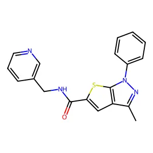 3-methyl-1-phenyl-N-(pyridin-3-ylmethyl)-1H-thieno[2,3-c]pyrazole-5-carboxamide structure