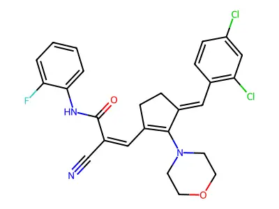 2-cyano-3-[3-[(2,4-dichlorophenyl)methylidene]-2-morpholin-4-ylcyclopenten-1-yl]-N-(2-fluorophenyl)prop-2-enamide structure