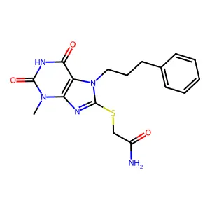 2-((3-methyl-2,6-dioxo-7-(3-phenylpropyl)-2,3,6,7-tetrahydro-1H-purin-8-yl)thio)acetamide structure