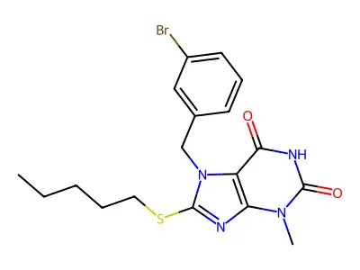 7-(3-bromobenzyl)-3-methyl-8-(pentylsulfanyl)-3,7-dihydro-1H-purine-2,6-dione structure