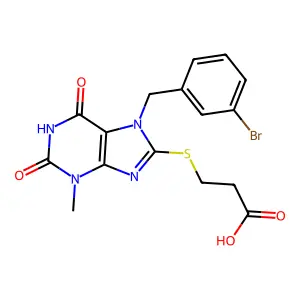3-[7-[(3-Bromophenyl)methyl]-3-methyl-2,6-dioxopurin-8-yl]sulfanylpropanoic acid structure