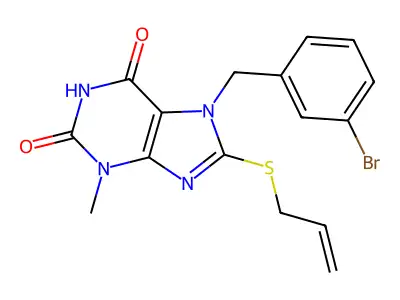 7-[(3-Bromophenyl)methyl]-3-methyl-8-prop-2-enylsulfanylpurine-2,6-dione structure