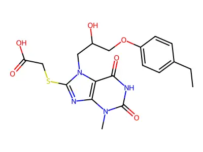 2-[7-[3-(4-ethylphenoxy)-2-hydroxypropyl]-3-methyl-2,6-dioxopurin-8-yl]sulfanylacetic acid structure