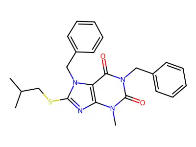 1,7-dibenzyl-3-methyl-8-(2-methylpropylsulfanyl)purine-2,6-dione structure
