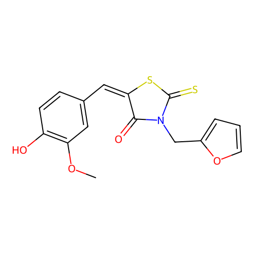 (E)-3-(furan-2-ylmethyl)-5-(4-hydroxy-3-methoxybenzylidene)-2-thioxothiazolidin-4-one structure