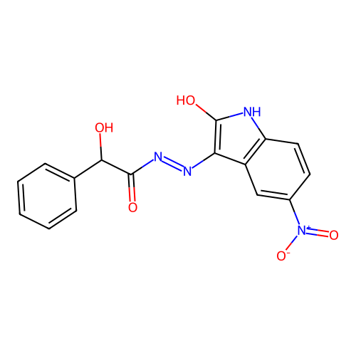 2-hydroxy-N'-(5-nitro-2-oxoindol-3-yl)-2-phenylacetohydrazide structure
