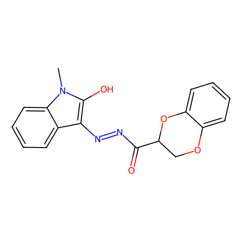 N'-[(3Z)-1-methyl-2-oxo-1,2-dihydro-3H-indol-3-ylidene]-2,3-dihydro-1,4-benzodioxine-2-carbohydrazide structure