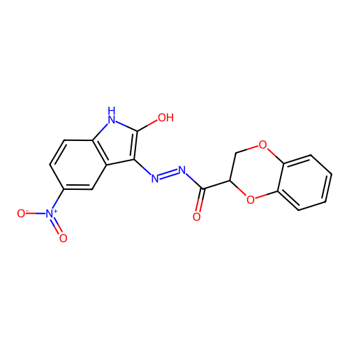 (E)-N'-(5-nitro-2-oxoindolin-3-ylidene)-2,3-dihydrobenzo[b][1,4]dioxine-2-carbohydrazide structure