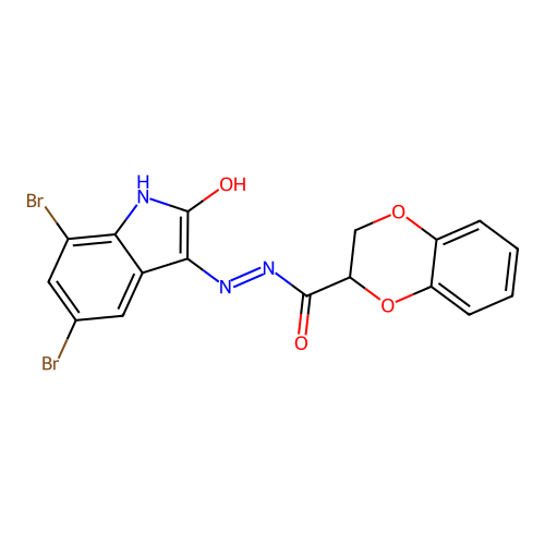 N'-(5,7-dibromo-2-oxoindol-3-yl)-2,3-dihydro-1,4-benzodioxine-3-carbohydrazide structure