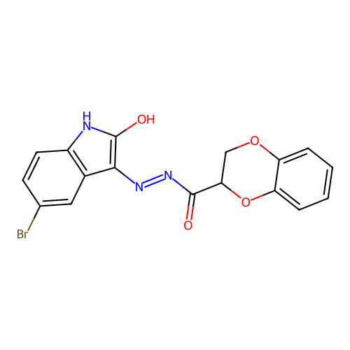 N'-(5-bromo-2-oxo-1,2-dihydro-3H-indol-3-ylidene)-2,3-dihydro-1,4-benzodioxine-2-carbohydrazide structure