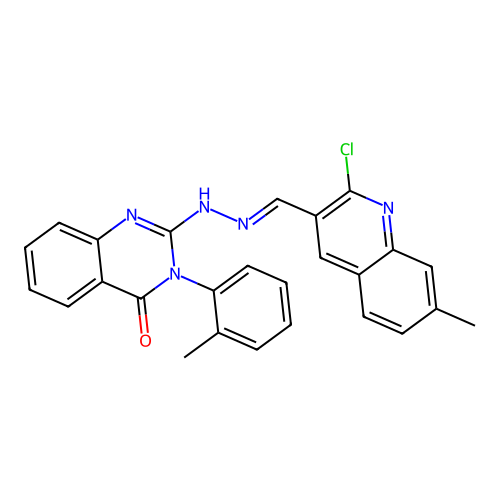 2-[(Z)-2-[(2-chloro-7-methylquinolin-3-yl)methylidene]hydrazin-1-yl]-3-(2-methylphenyl)-3,4-dihydroquinazolin-4-one structure