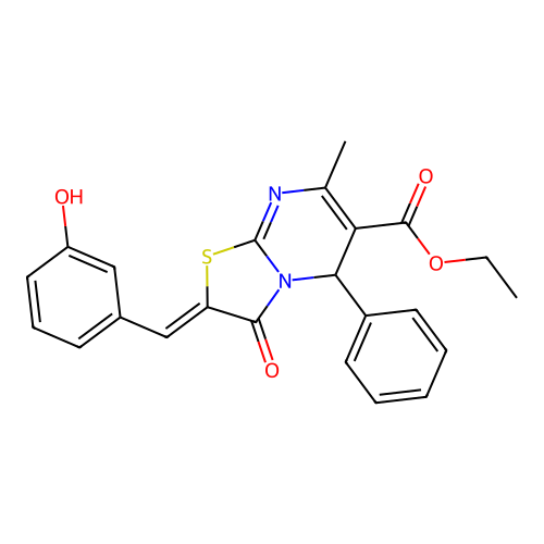 (Z)-ethyl 2-(3-hydroxybenzylidene)-7-methyl-3-oxo-5-phenyl-3,5-dihydro-2H-thiazolo[3,2-a]pyrimidine-6-carboxylate structure