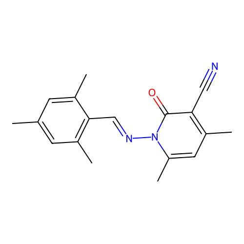 1-[(mesitylmethylene)amino]-4,6-dimethyl-2-oxo-1,2-dihydro-3-pyridinecarbonitrile structure