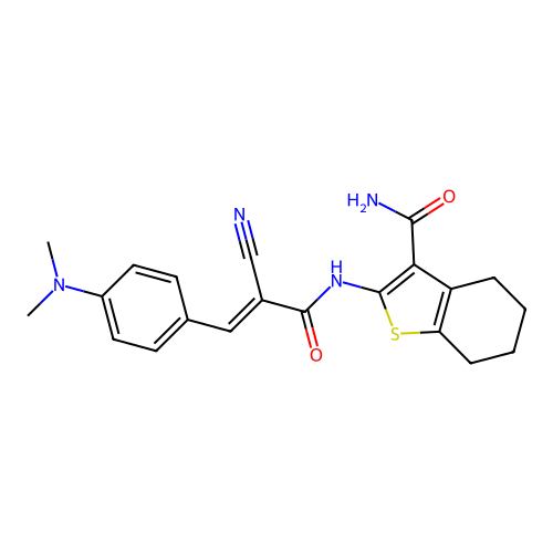 (E)-2-(2-cyano-3-(4-(dimethylamino)phenyl)acrylamido)-4,5,6,7-tetrahydrobenzo[b]thiophene-3-carboxamide structure