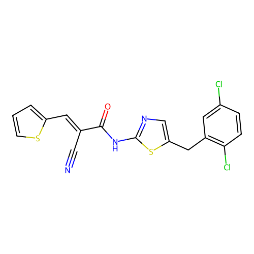 (E)-2-cyano-N-(5-(2,5-dichlorobenzyl)thiazol-2-yl)-3-(thiophen-2-yl)acrylamide structure