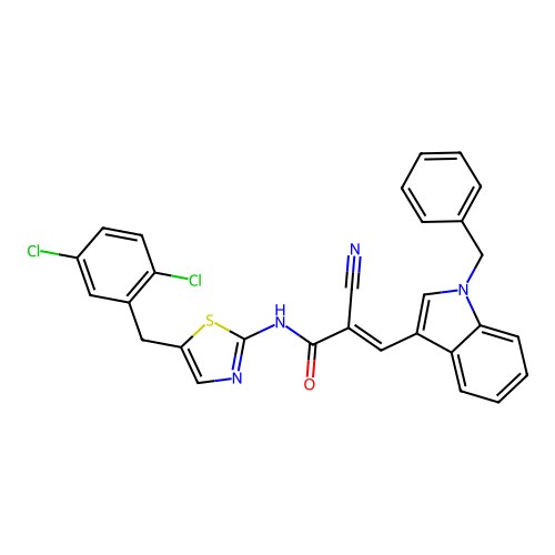 (E)-3-(1-benzyl-1H-indol-3-yl)-2-cyano-N-(5-(2,5-dichlorobenzyl)thiazol-2-yl)acrylamide structure