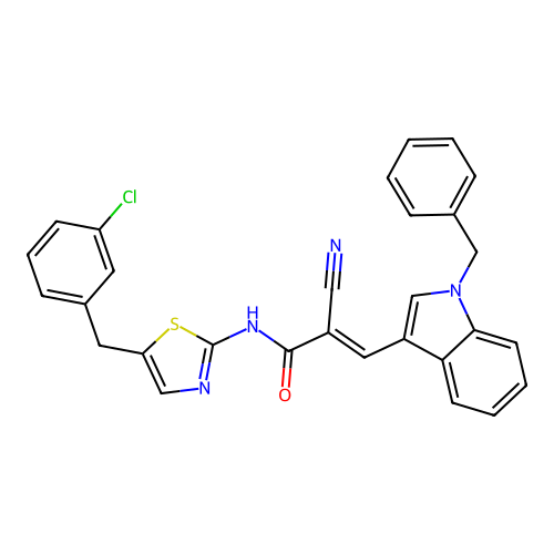 (e)-3-(1-benzyl-1h-indol-3-yl)-n-(5-(3-chlorobenzyl)thiazol-2-yl)-2-cyanoacrylamide structure