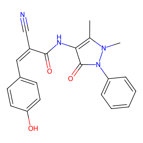 (Z)-2-cyano-N-(1,5-dimethyl-3-oxo-2-phenyl-2,3-dihydro-1H-pyrazol-4-yl)-3-(4-hydroxyphenyl)acrylamide structure