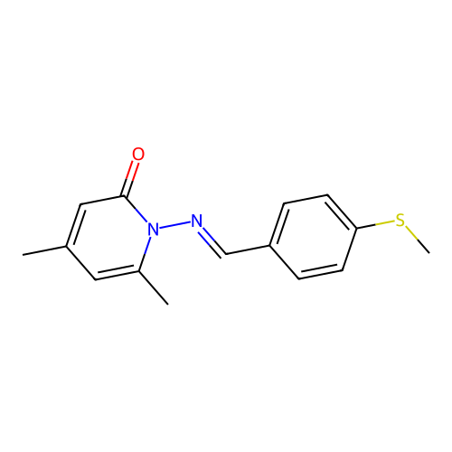 4,6-dimethyl-1-[(E)-(4-methylsulfanylphenyl)methylideneamino]pyridin-2-one structure