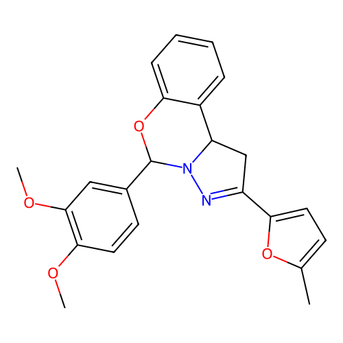 5-(3,4-dimethoxyphenyl)-2-(5-methylfuran-2-yl)-1,10b-dihydropyrazolo[1,5-c][1,3]benzoxazine structure