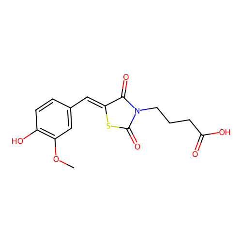 (Z)-4-(5-(4-hydroxy-3-methoxybenzylidene)-2,4-dioxothiazolidin-3-yl)butanoic acid structure