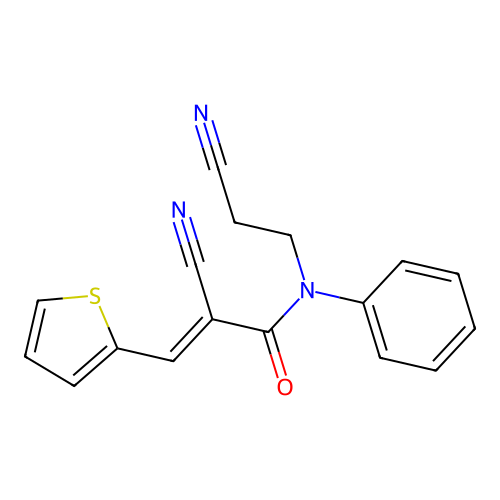 (2E)-2-cyano-N-(2-cyanoethyl)-N-phenyl-3-(2-thienyl)prop-2-enamide structure