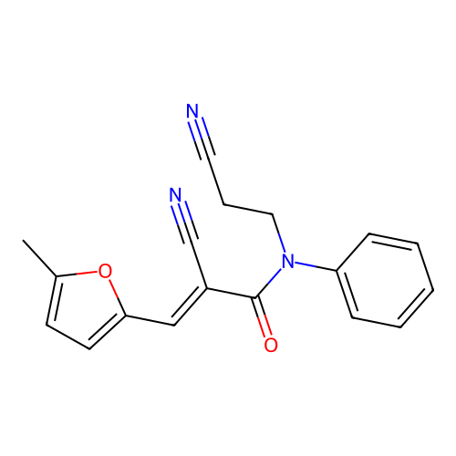 (2E)-2-cyano-N-(2-cyanoethyl)-3-(5-methylfuran-2-yl)-N-phenylprop-2-enamide structure