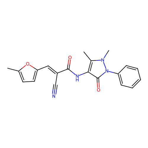 (2E)-2-cyano-N-(1,5-dimethyl-3-oxo-2-phenyl-2,3-dihydro-1H-pyrazol-4-yl)-3-(5-methyl-2-furyl)acrylamide structure