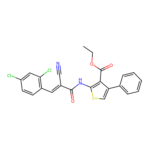 (E)-ethyl 2-(2-cyano-3-(2,4-dichlorophenyl)acrylamido)-4-phenylthiophene-3-carboxylate structure