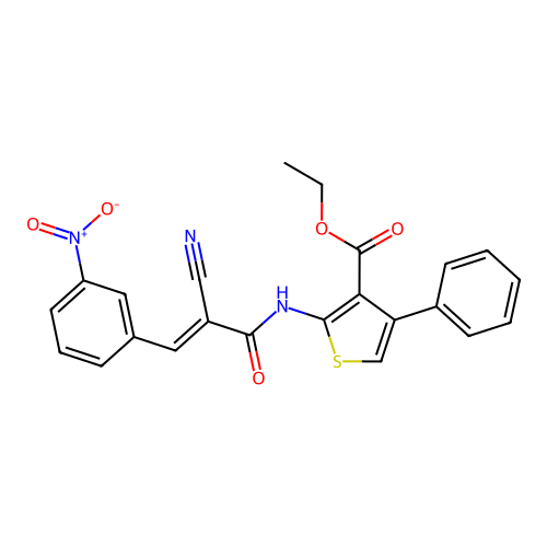 (E)-ethyl 2-(2-cyano-3-(3-nitrophenyl)acrylamido)-4-phenylthiophene-3-carboxylate structure