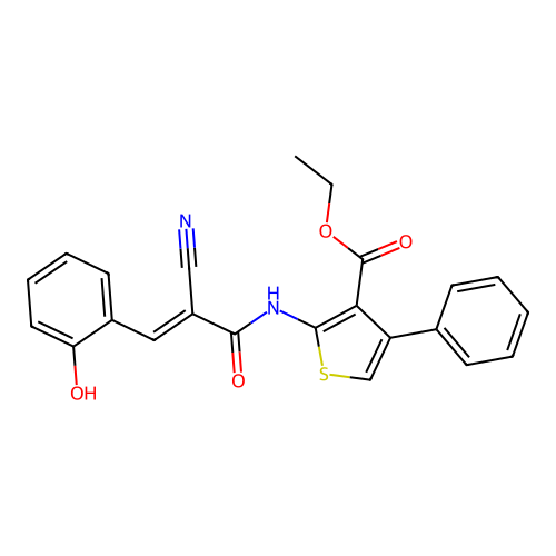 (E)-ethyl 2-(2-cyano-3-(2-hydroxyphenyl)acrylamido)-4-phenylthiophene-3-carboxylate structure