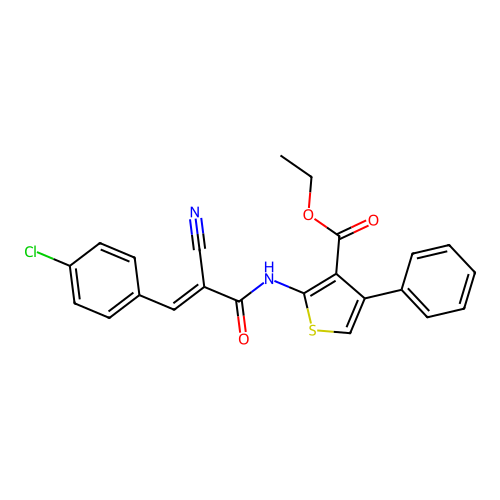 (E)-ethyl 2-(3-(4-chlorophenyl)-2-cyanoacrylamido)-4-phenylthiophene-3-carboxylate structure