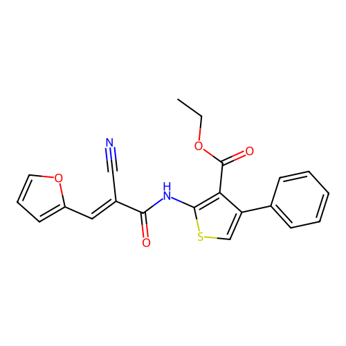 (E)-ethyl 2-(2-cyano-3-(furan-2-yl)acrylamido)-4-phenylthiophene-3-carboxylate structure
