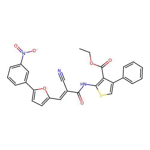 ethyl 2-({(2E)-2-cyano-3-[5-(3-nitrophenyl)furan-2-yl]prop-2-enoyl}amino)-4-phenylthiophene-3-carboxylate structure