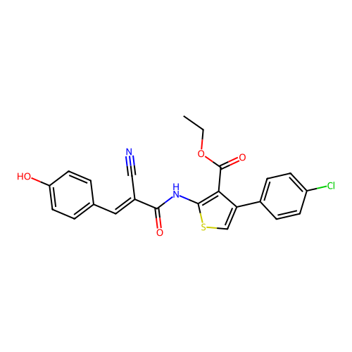 (E)-ethyl 4-(4-chlorophenyl)-2-(2-cyano-3-(4-hydroxyphenyl)acrylamido)thiophene-3-carboxylate structure
