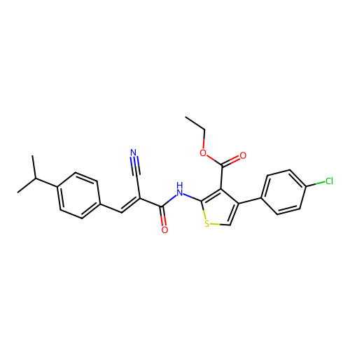 (E)-ethyl 4-(4-chlorophenyl)-2-(2-cyano-3-(4-isopropylphenyl)acrylamido)thiophene-3-carboxylate structure