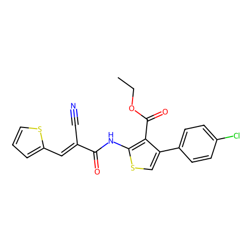 (E)-ethyl 4-(4-chlorophenyl)-2-(2-cyano-3-(thiophen-2-yl)acrylamido)thiophene-3-carboxylate structure