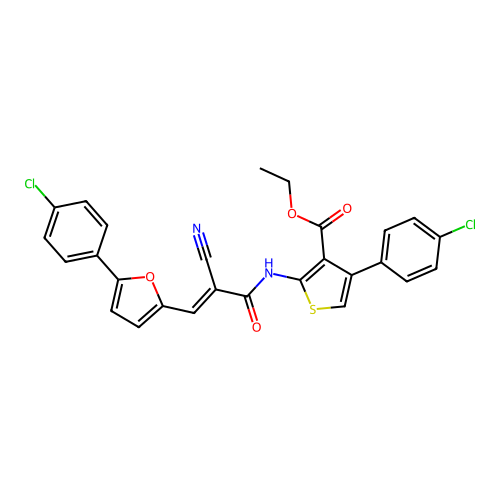(E)-ethyl 4-(4-chlorophenyl)-2-(3-(5-(4-chlorophenyl)furan-2-yl)-2-cyanoacrylamido)thiophene-3-carboxylate structure