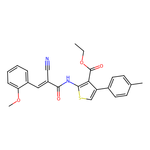 (E)-ethyl 2-(2-cyano-3-(2-methoxyphenyl)acrylamido)-4-(p-tolyl)thiophene-3-carboxylate structure